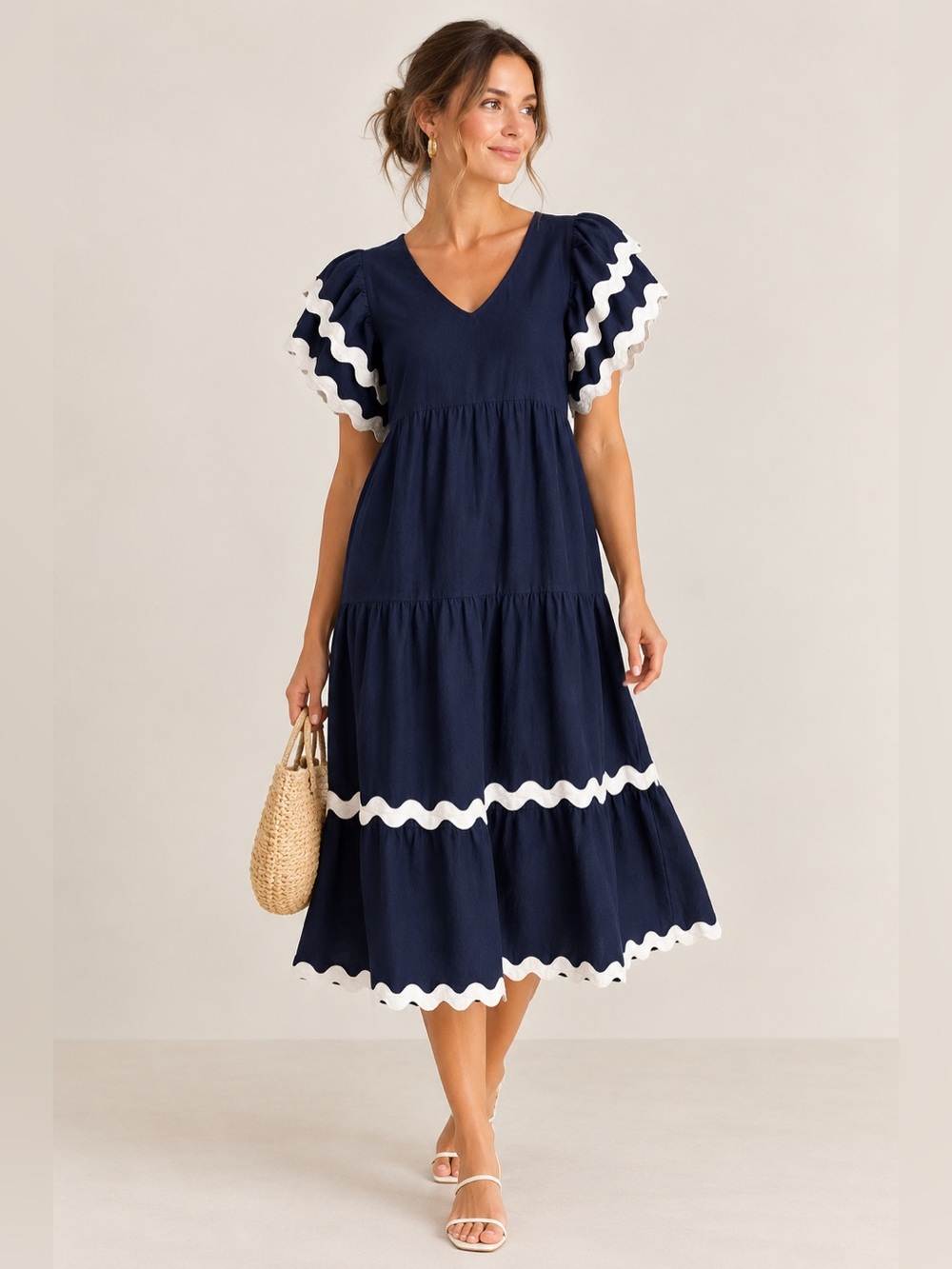 White Closet Elements Navy Blue Ric Rac Trim Tiered Midi Dress size Large